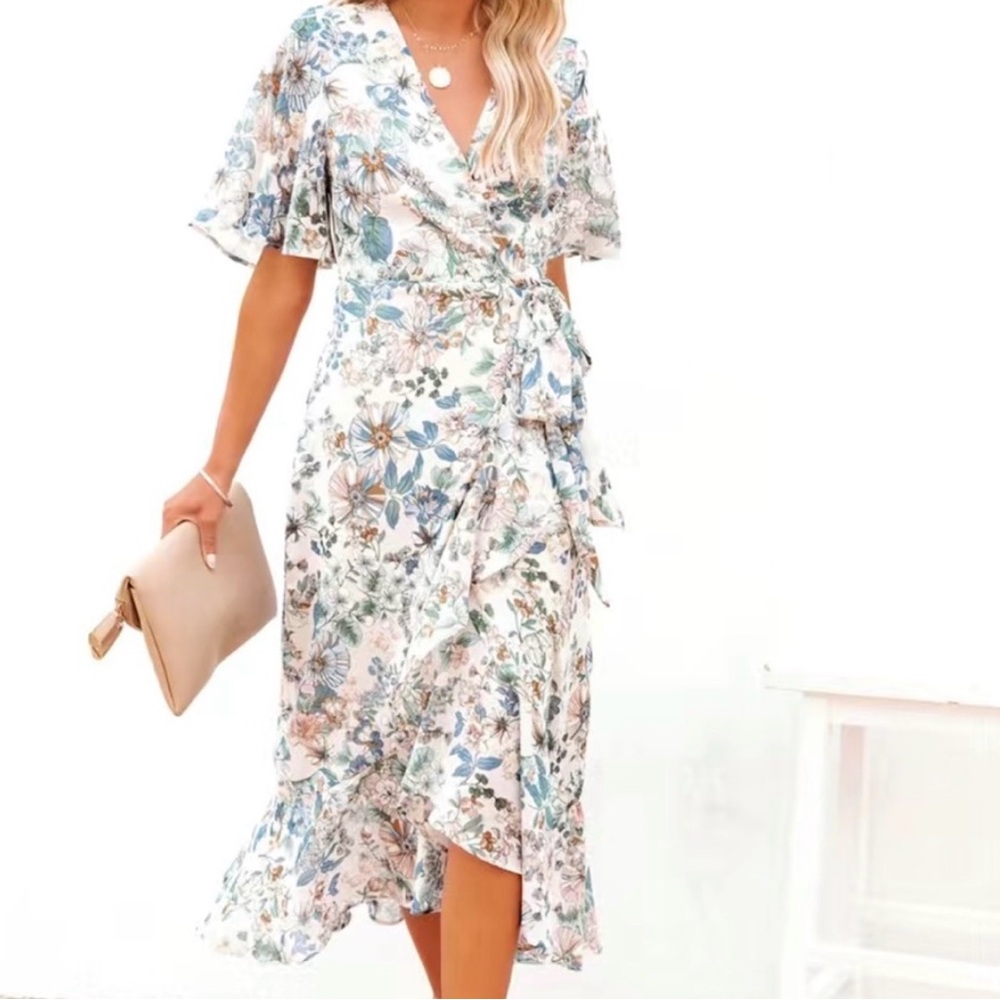 Floral Print Wrap Asymmetrical Ruffle Trim Dress. NWOT